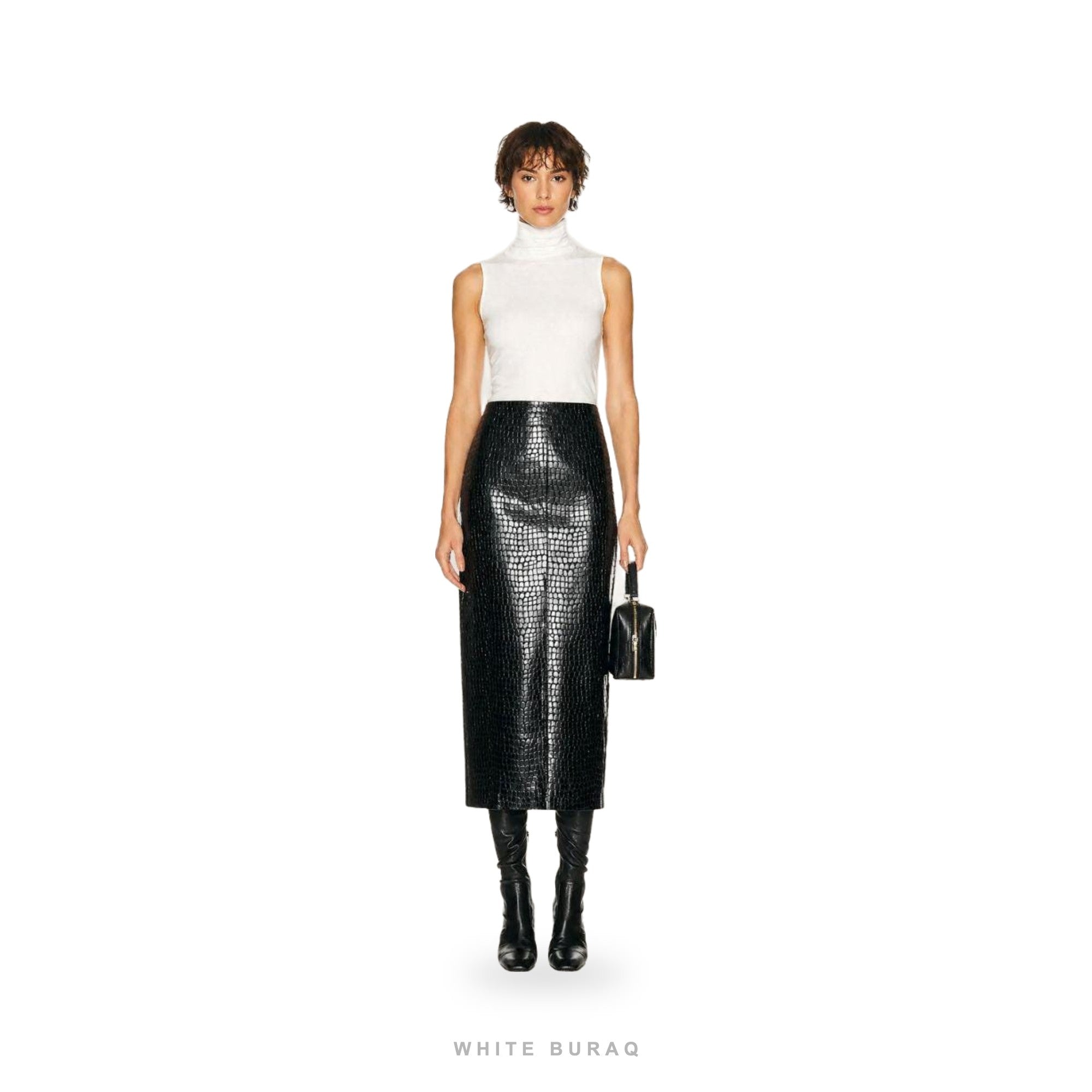 Women's Black Croc-Embossed Leather Midi Pencil Skirt – view 2