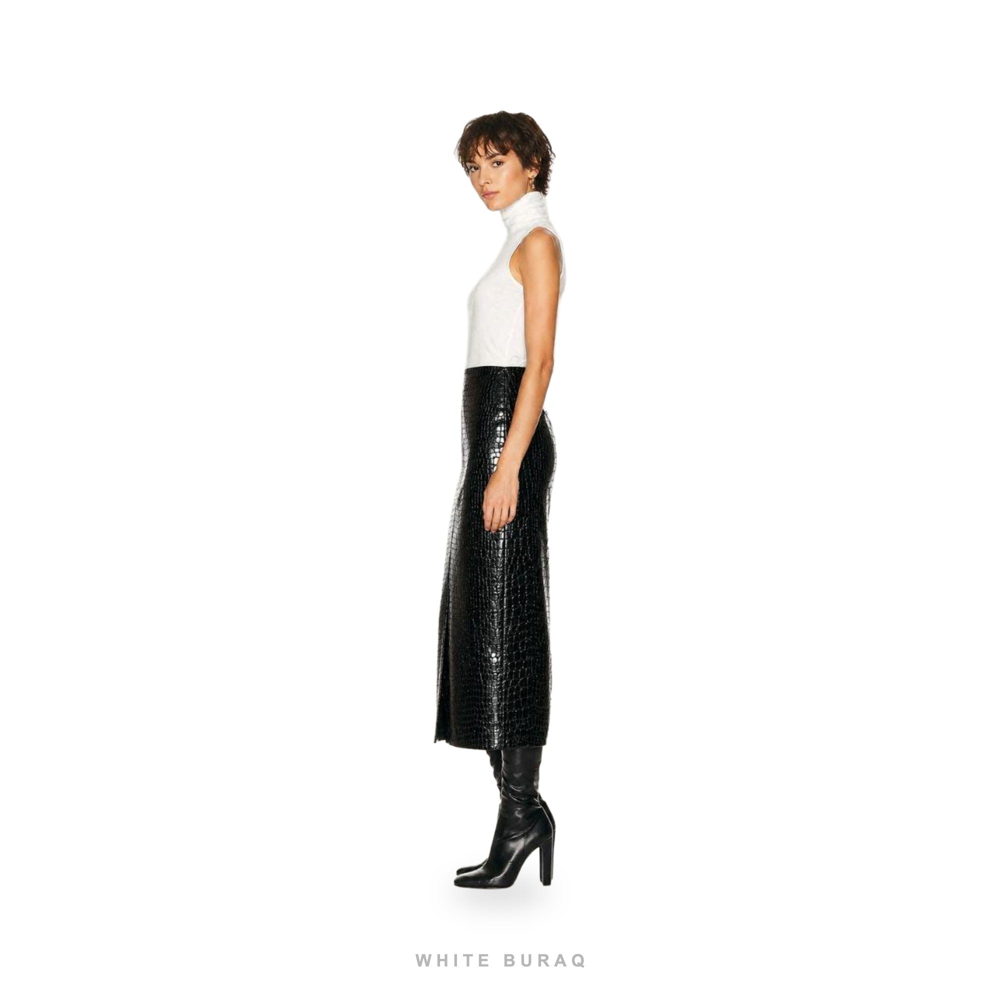 Women's Black Croc-Embossed Leather Midi Pencil Skirt – view 4