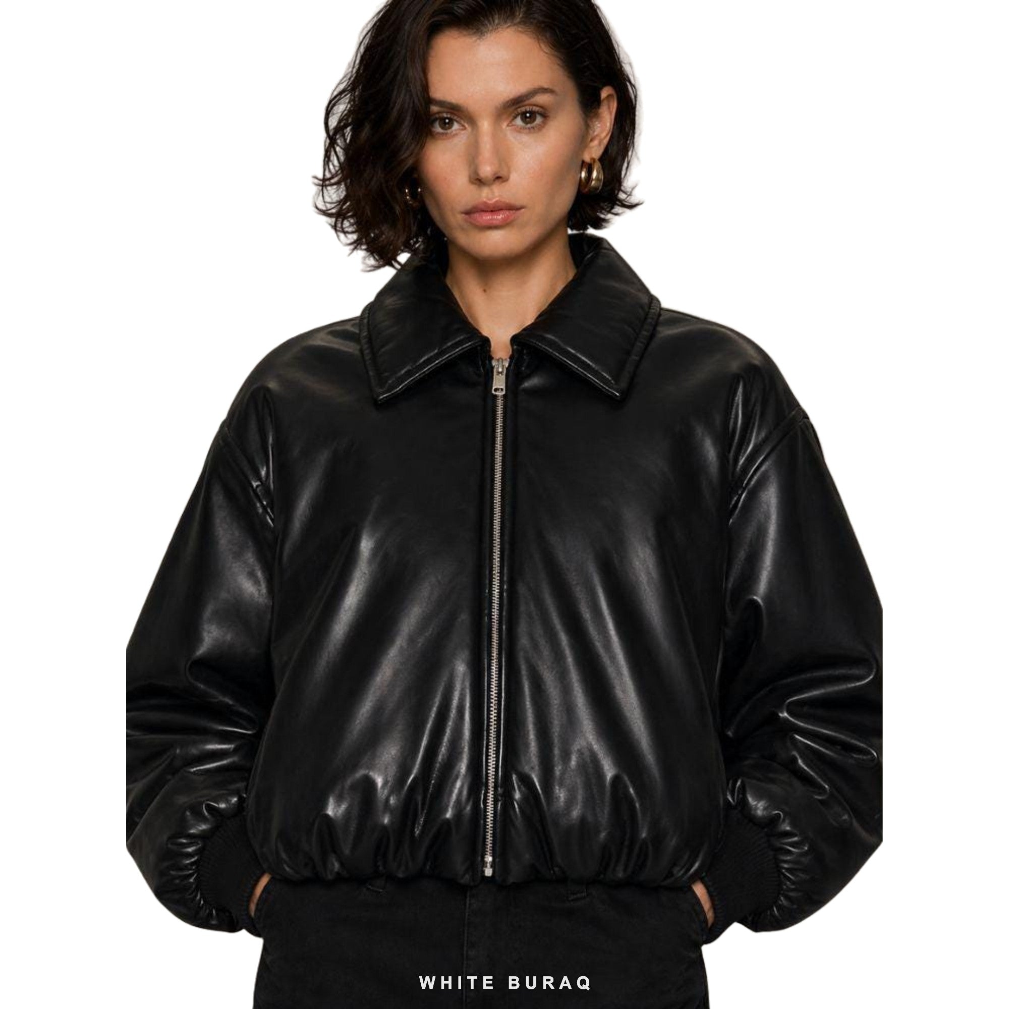 Women's Black Leather Oversized Zip Bomber