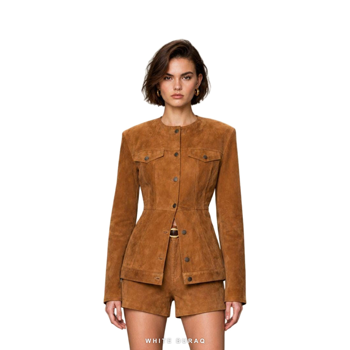 Women's Tan Suede Western Button-Up Cropped Jacket