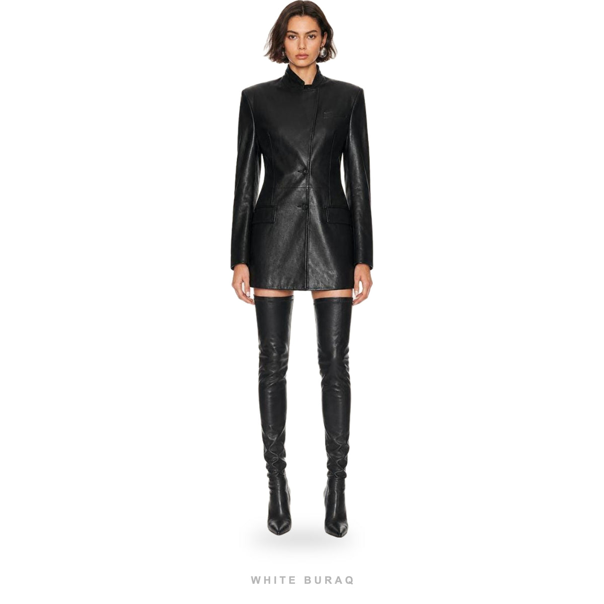 Women's Black Leather High-Neck Mini Coat