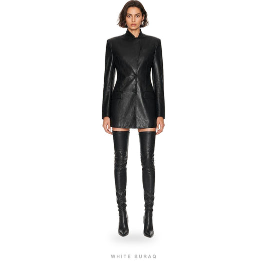 Women's Black Leather High-Neck Mini Coat