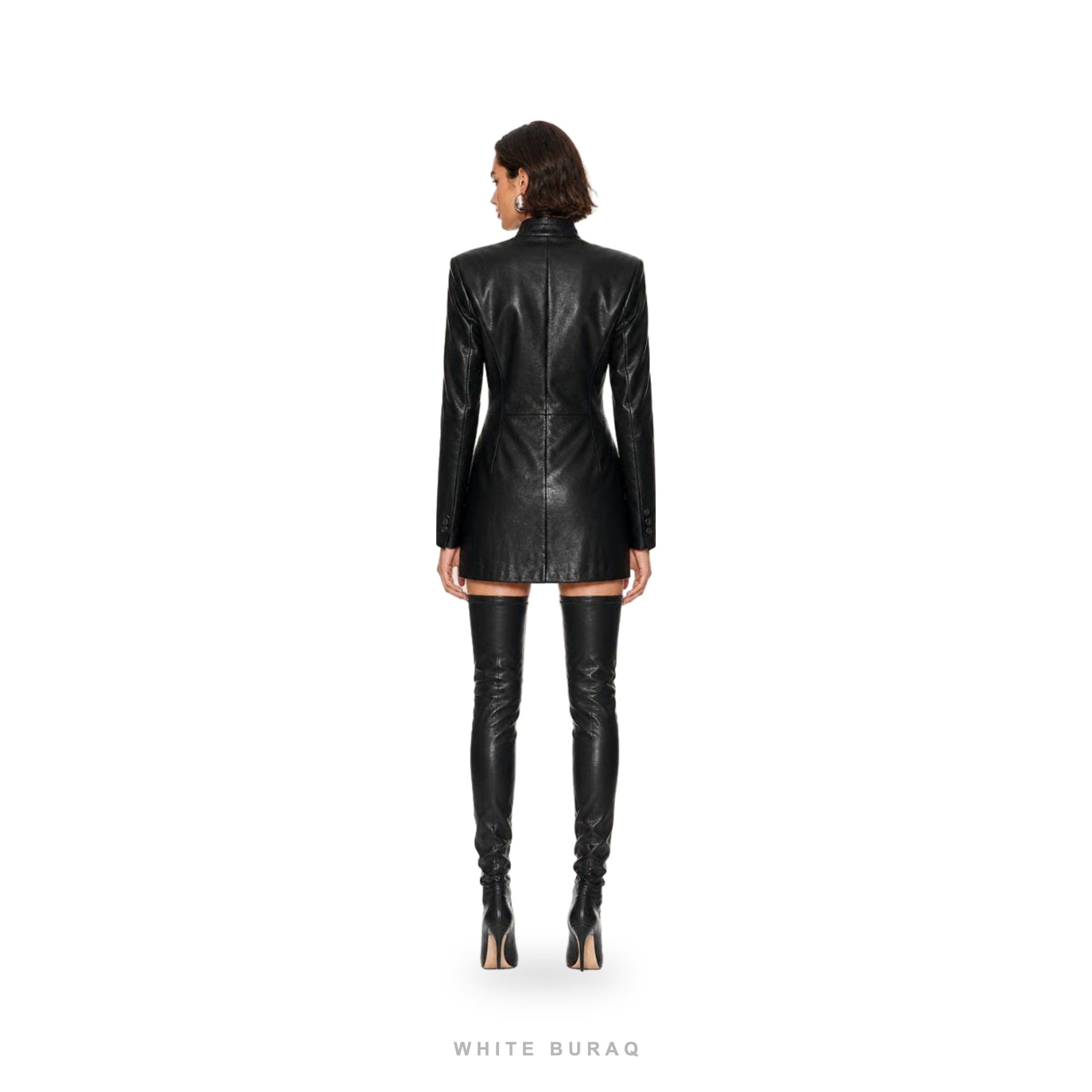 Women's Black Leather High-Neck Mini Coat – view 2