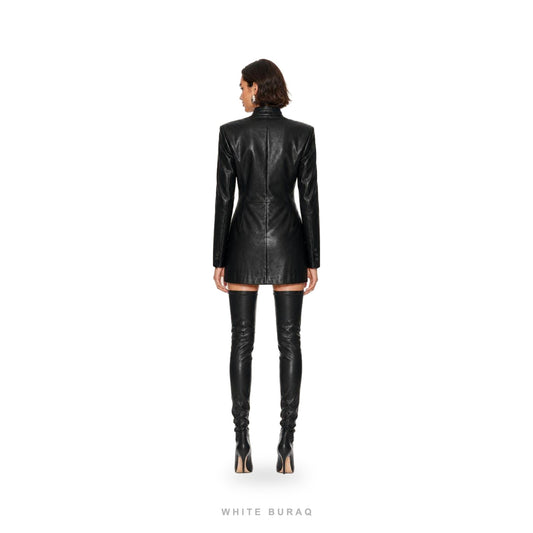 Women's Black Leather High-Neck Mini Coat – view 2