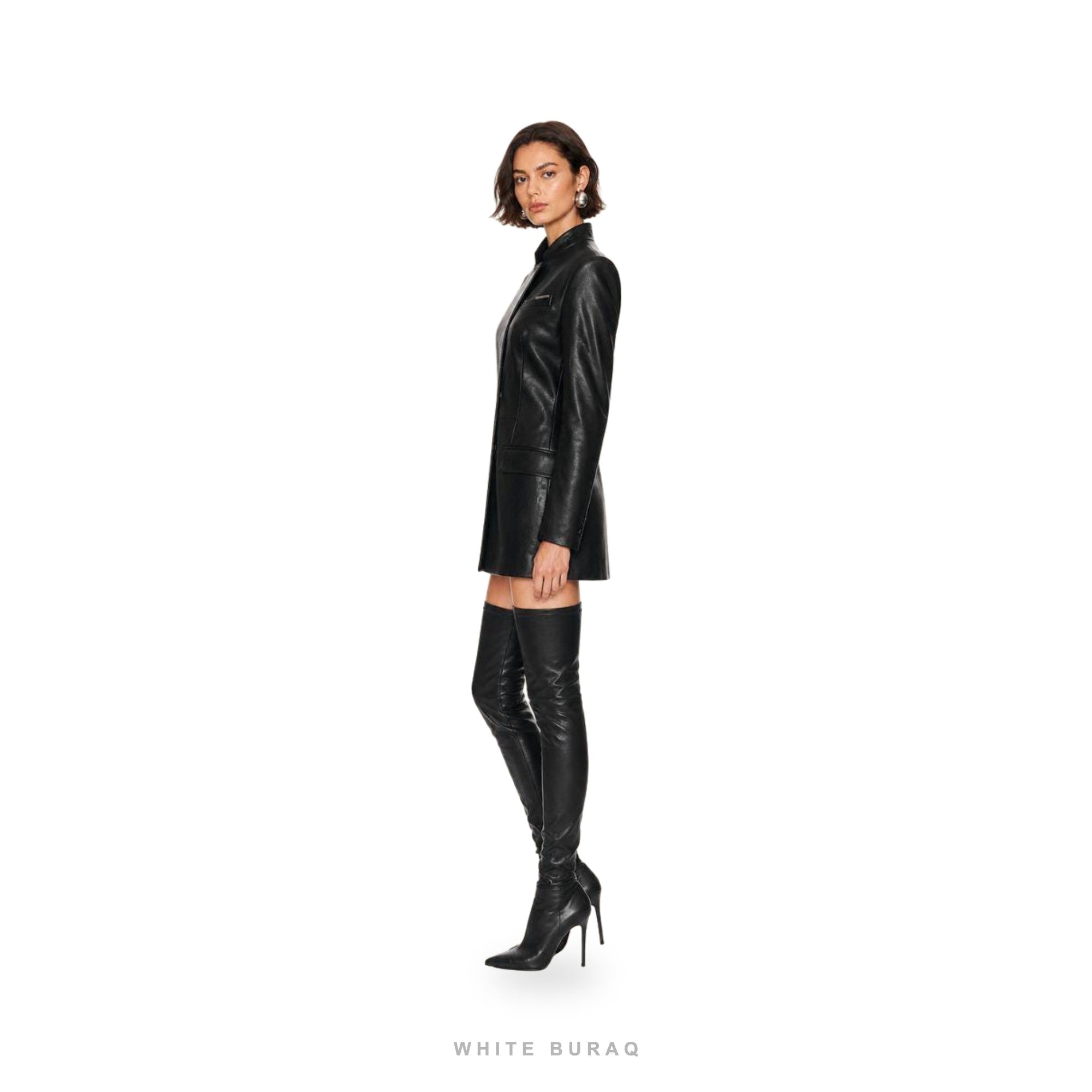 Women's Black Leather High-Neck Mini Coat – view 3