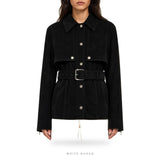 Women's Black Suede Belted Button-Front Jacket