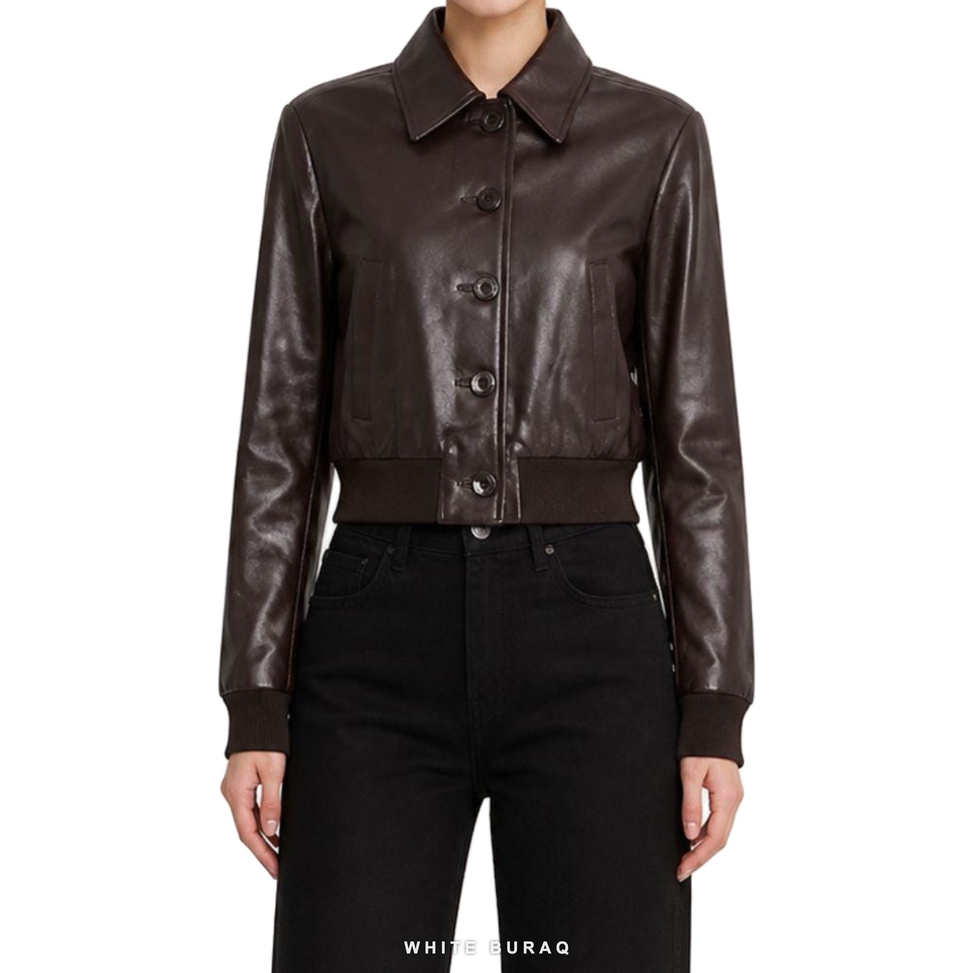Women's Deep Brown Leather Cropped Button Jacket