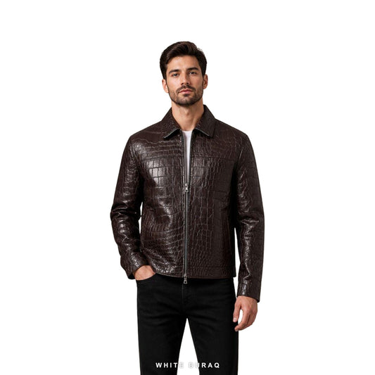 Men's Dark Brown Croc-Embossed Leather Zip Jacket