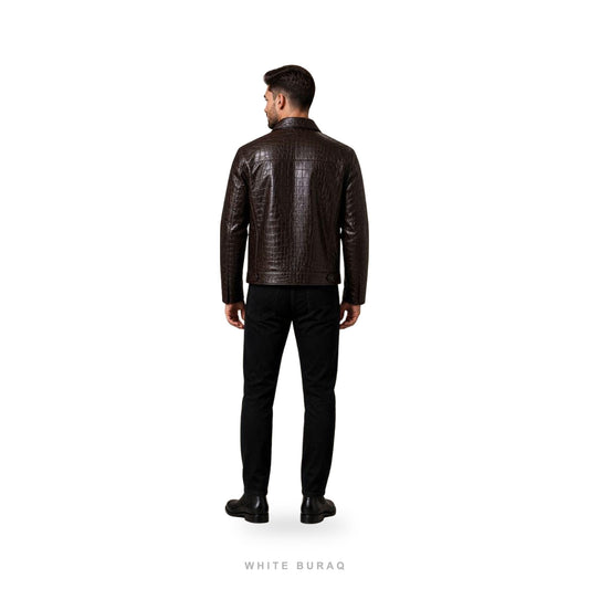 Men's Dark Brown Croc-Embossed Leather Zip Jacket – view 2