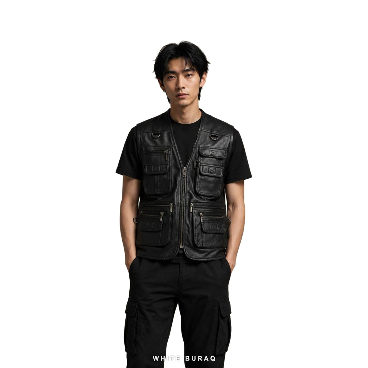 Men's Black Leather Tactical Utility Vest