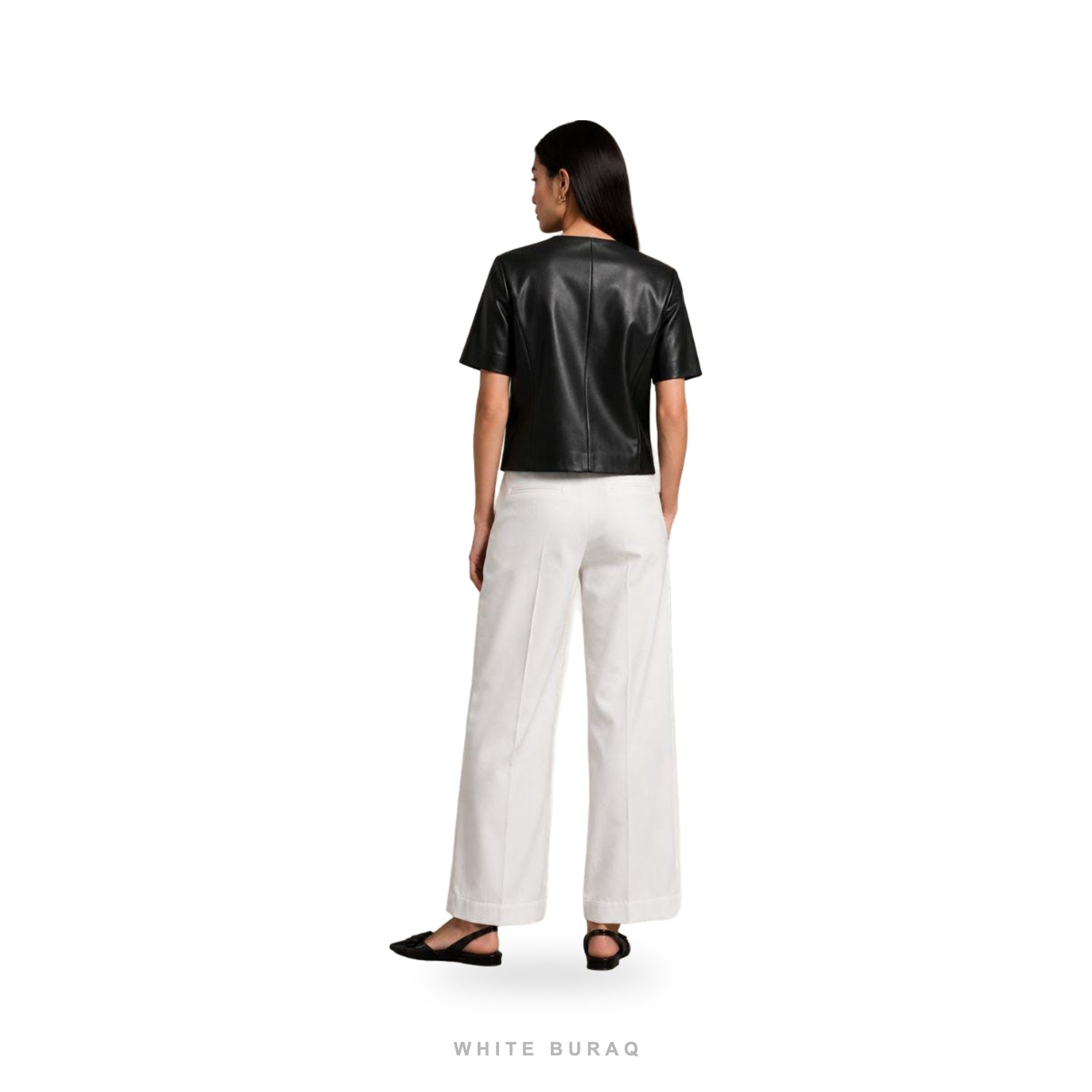Women's Black Leather Short-Sleeve Blouse Jacket – view 2