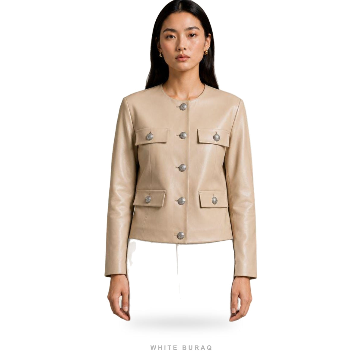 Women's Beige Leather Collarless Tailored Jacket