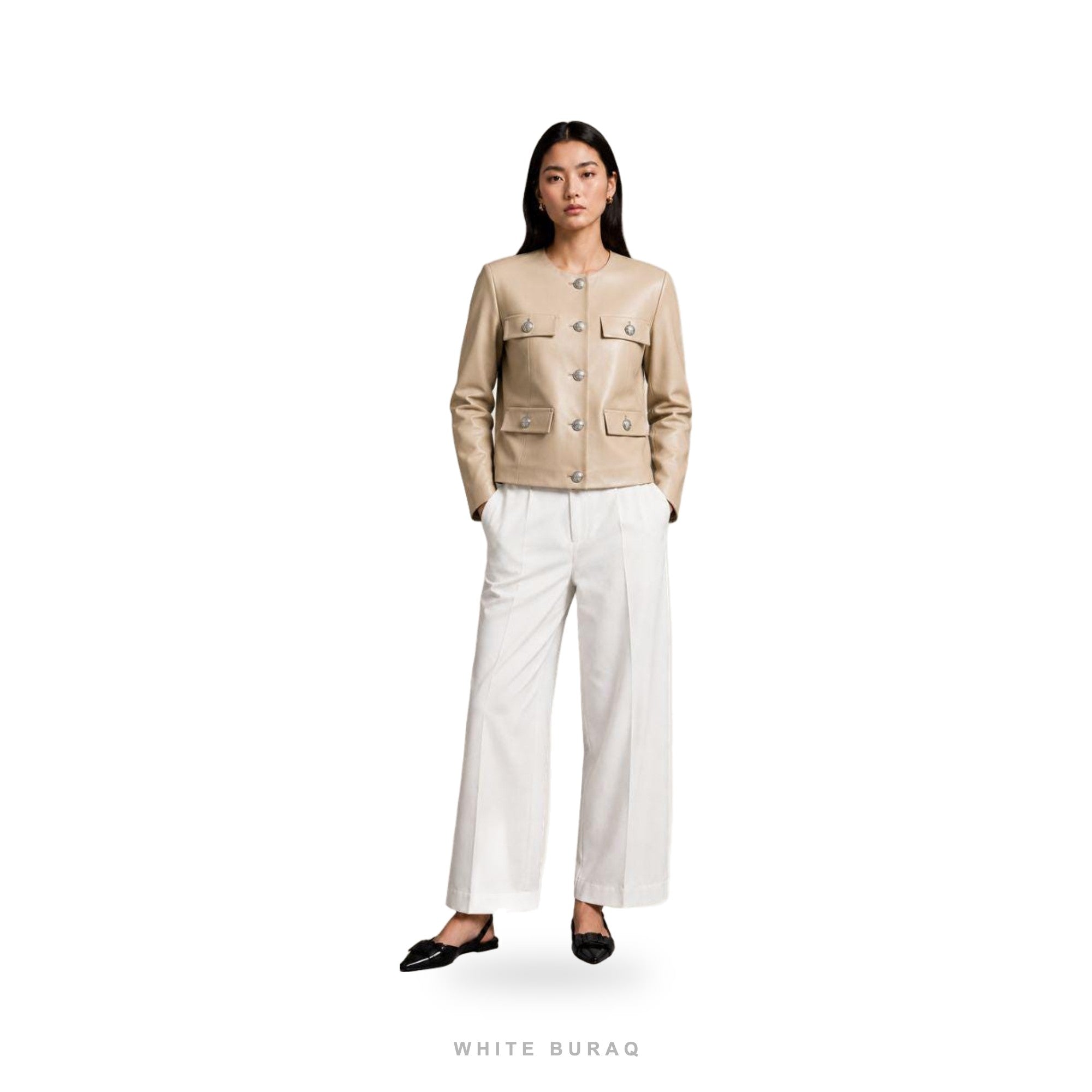 Women's Beige Leather Collarless Tailored Jacket – view 4