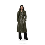 Women's Olive Green Leather Belted Maxi Trench Coat – view 2