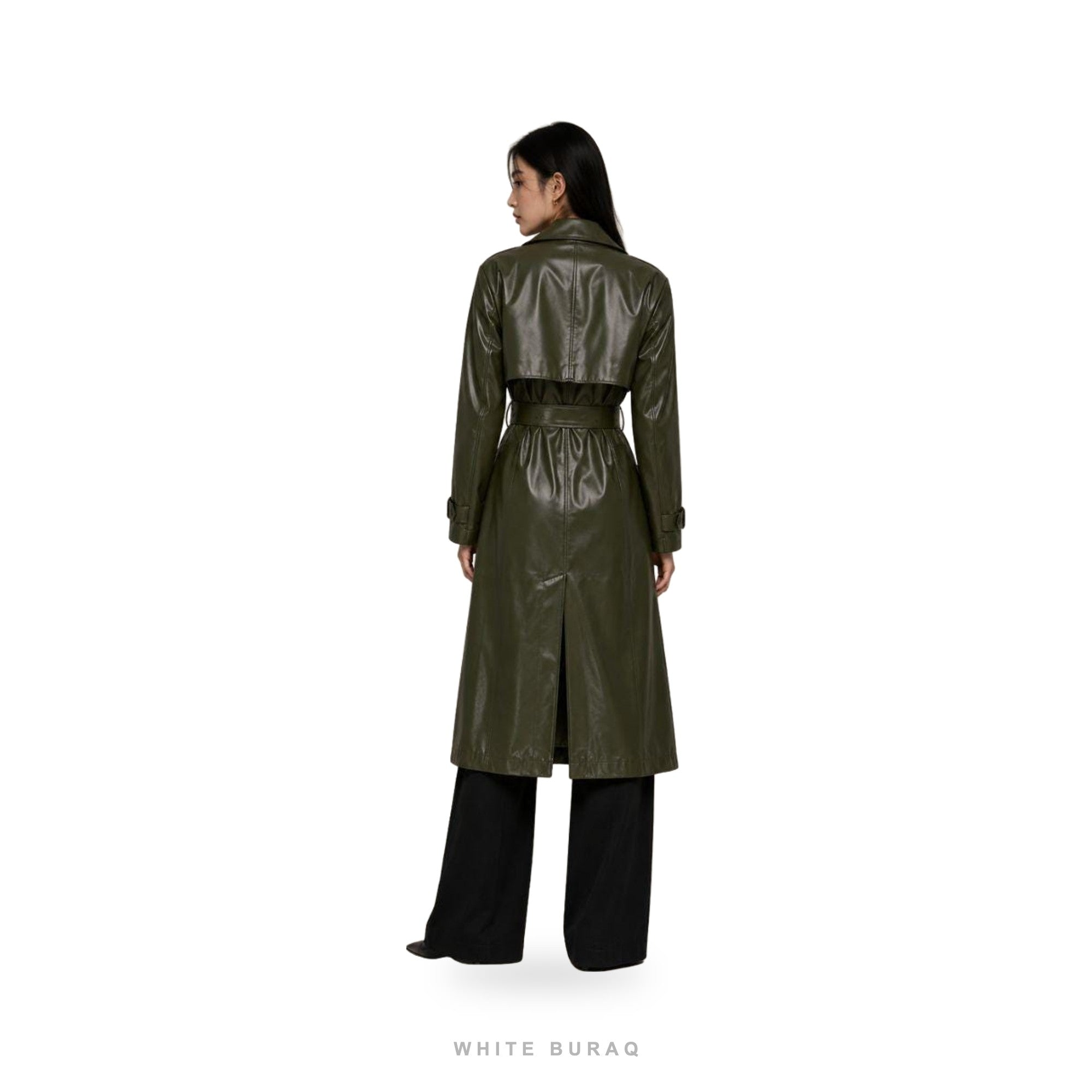 Women's Olive Green Leather Belted Maxi Trench Coat – view 3
