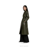 Women's Olive Green Leather Belted Maxi Trench Coat – view 4