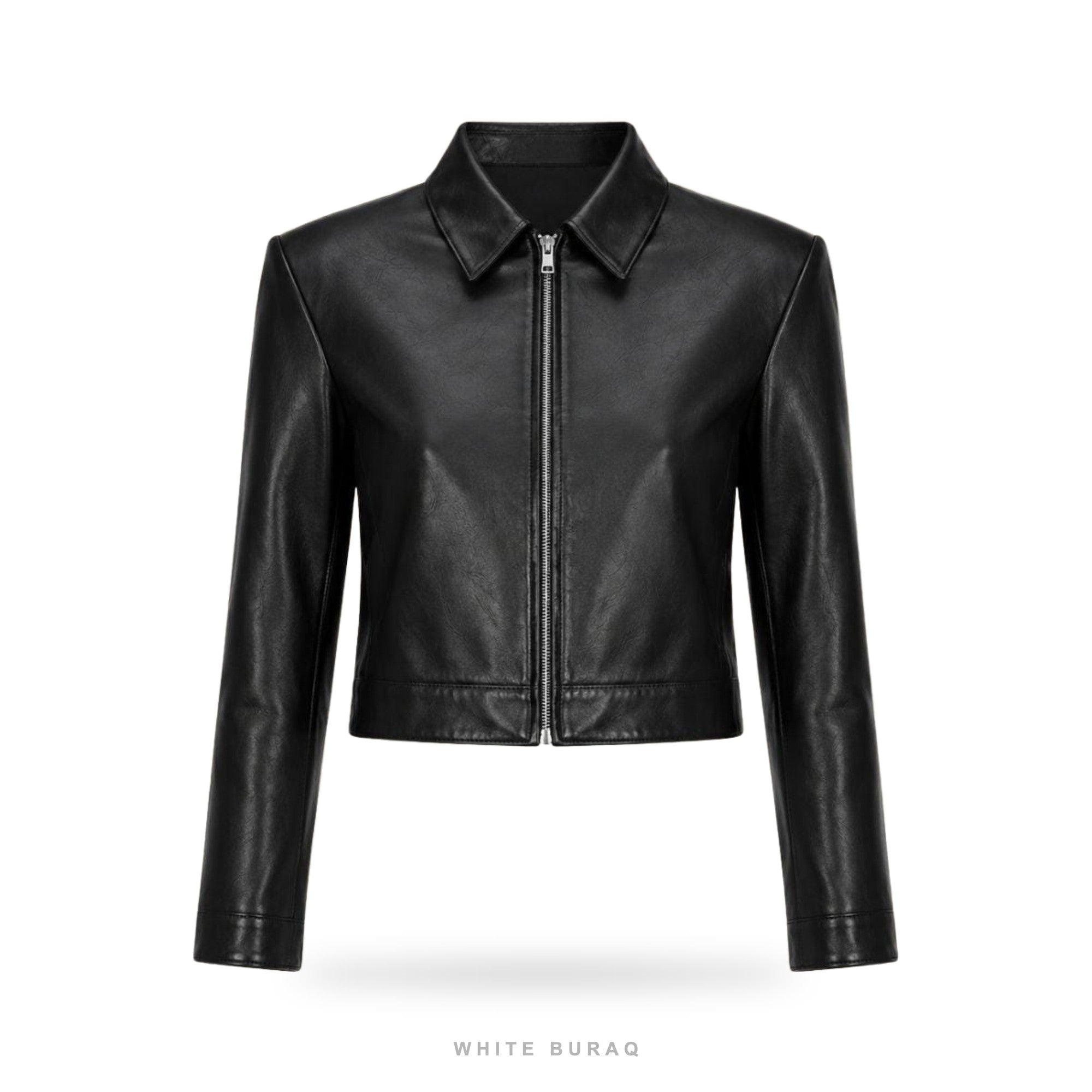 Women's Black Leather Cropped Slim Zip Jacket