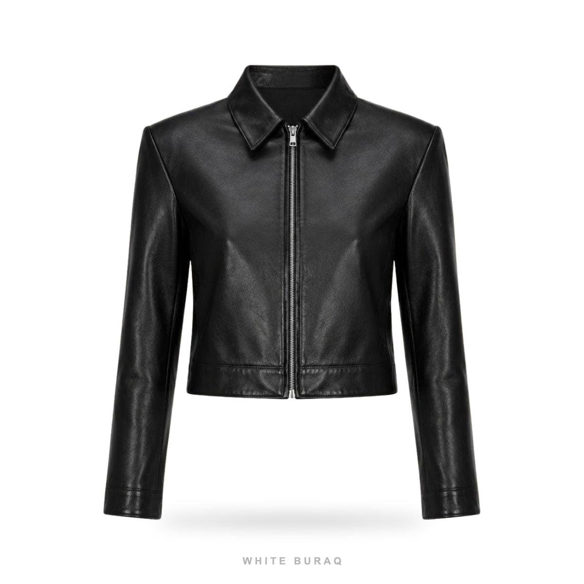 Women's Black Leather Cropped Slim Zip Jacket
