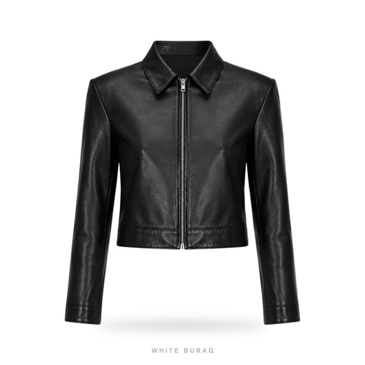 Women's Black Leather Cropped Slim Zip Jacket
