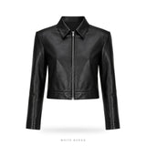 Women's Black Leather Cropped Slim Zip Jacket