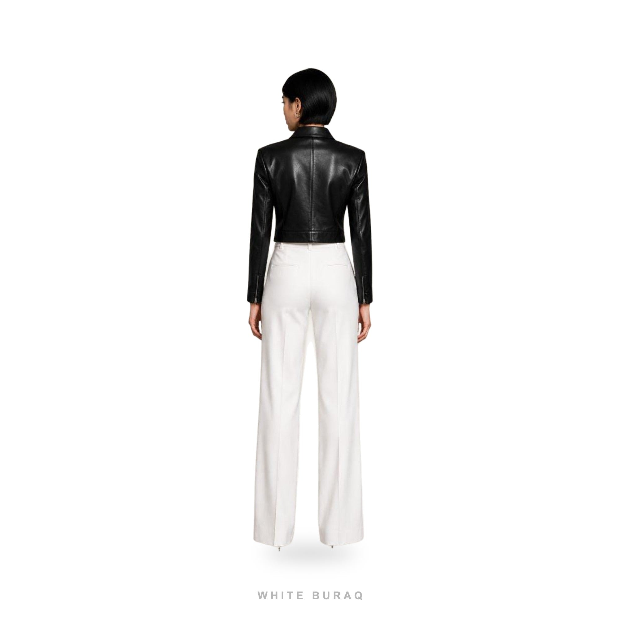 Women's Black Leather Cropped Slim Zip Jacket – view 2