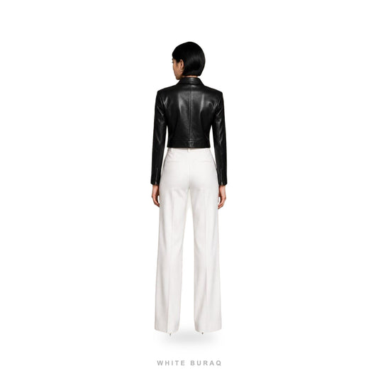 Women's Black Leather Cropped Slim Zip Jacket – view 2