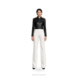Women's Black Leather Cropped Slim Zip Jacket – view 4