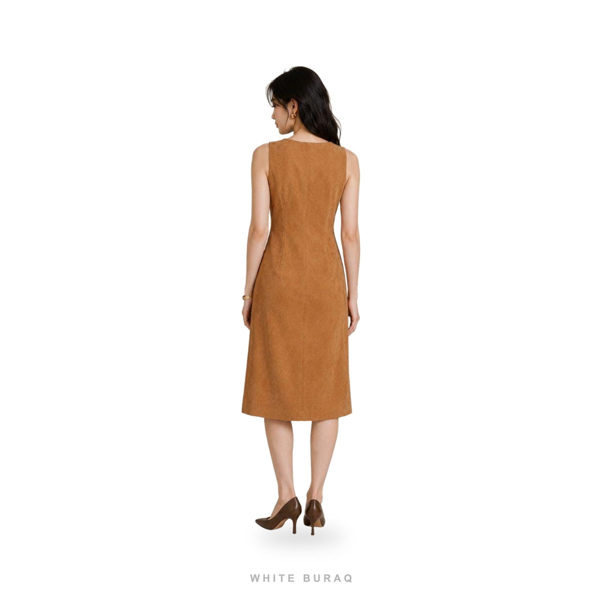 Women's Camel Suede Sleeveless Button Midi Dress – view 2