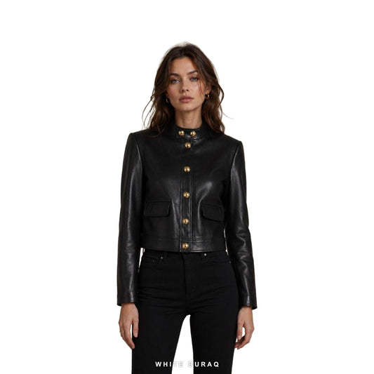 Women's Black Leather Cropped Military Jacket with Gold Buttons