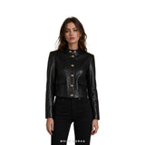Women's Black Leather Cropped Military Jacket with Gold Buttons