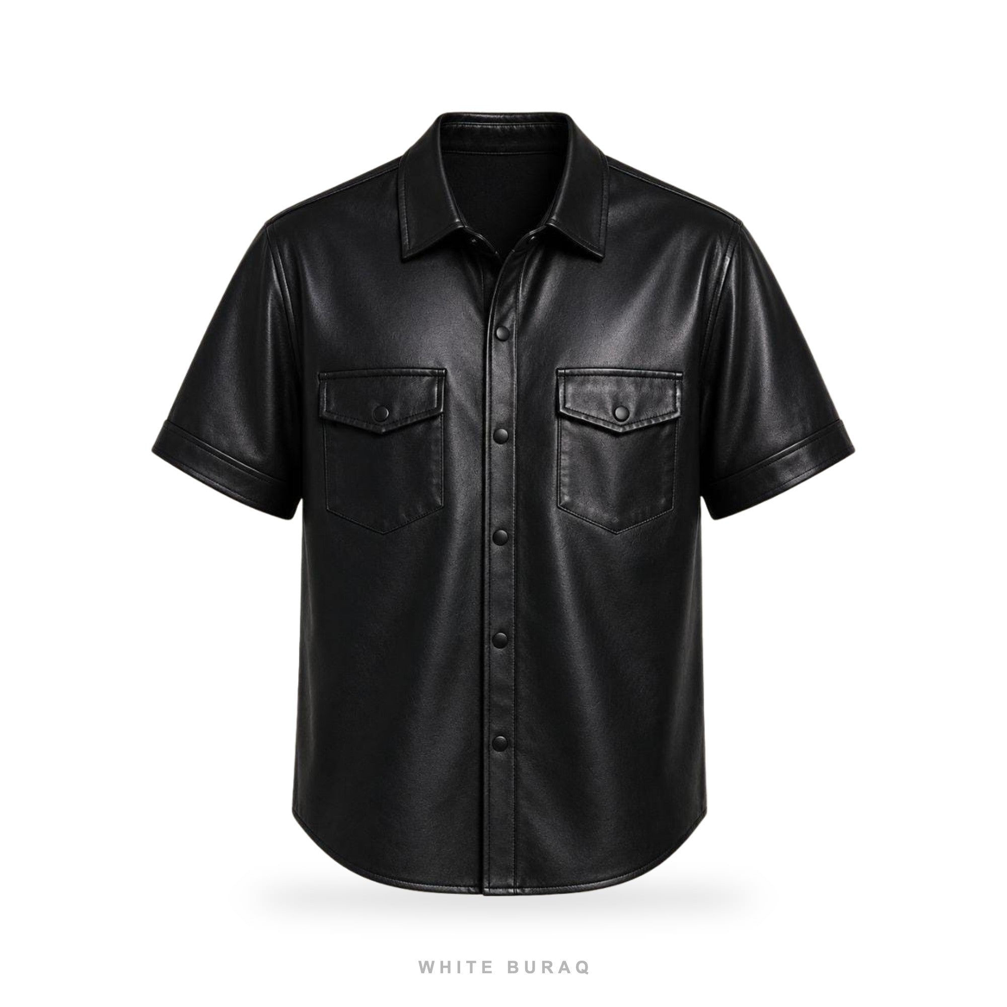 Men's Black Leather Short-Sleeve Shirt Jacket