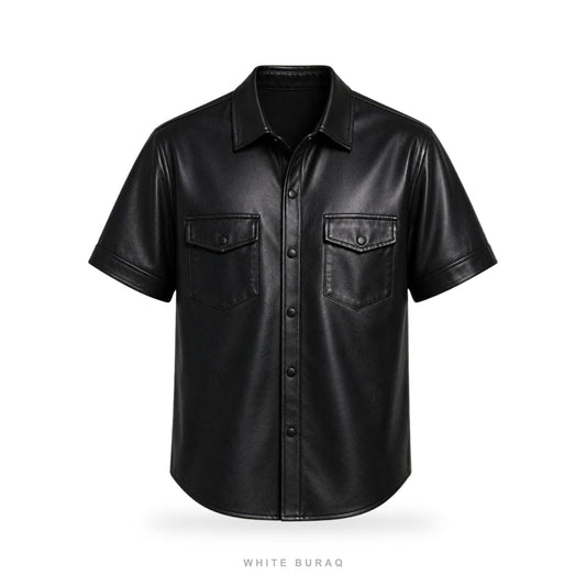 Men's Black Leather Short-Sleeve Shirt Jacket