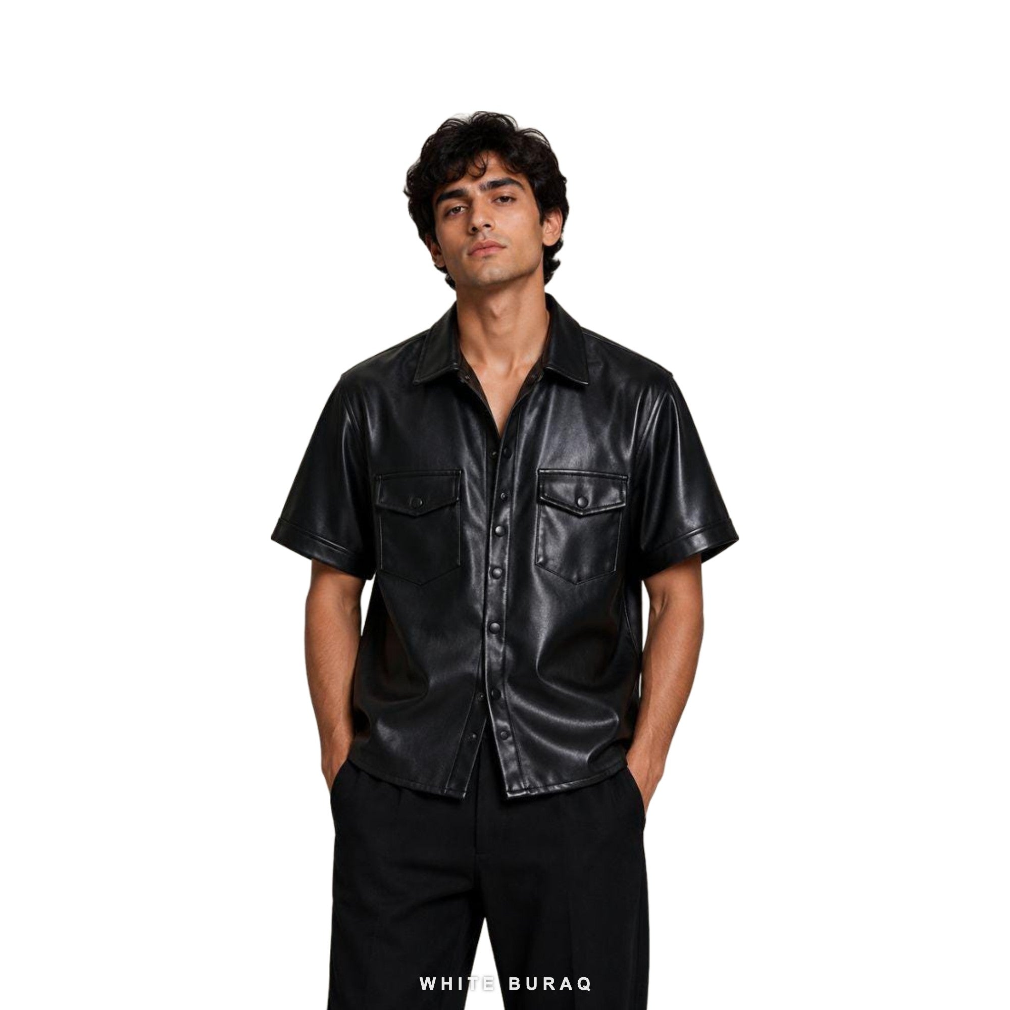 Men's Black Leather Short-Sleeve Shirt Jacket – view 2