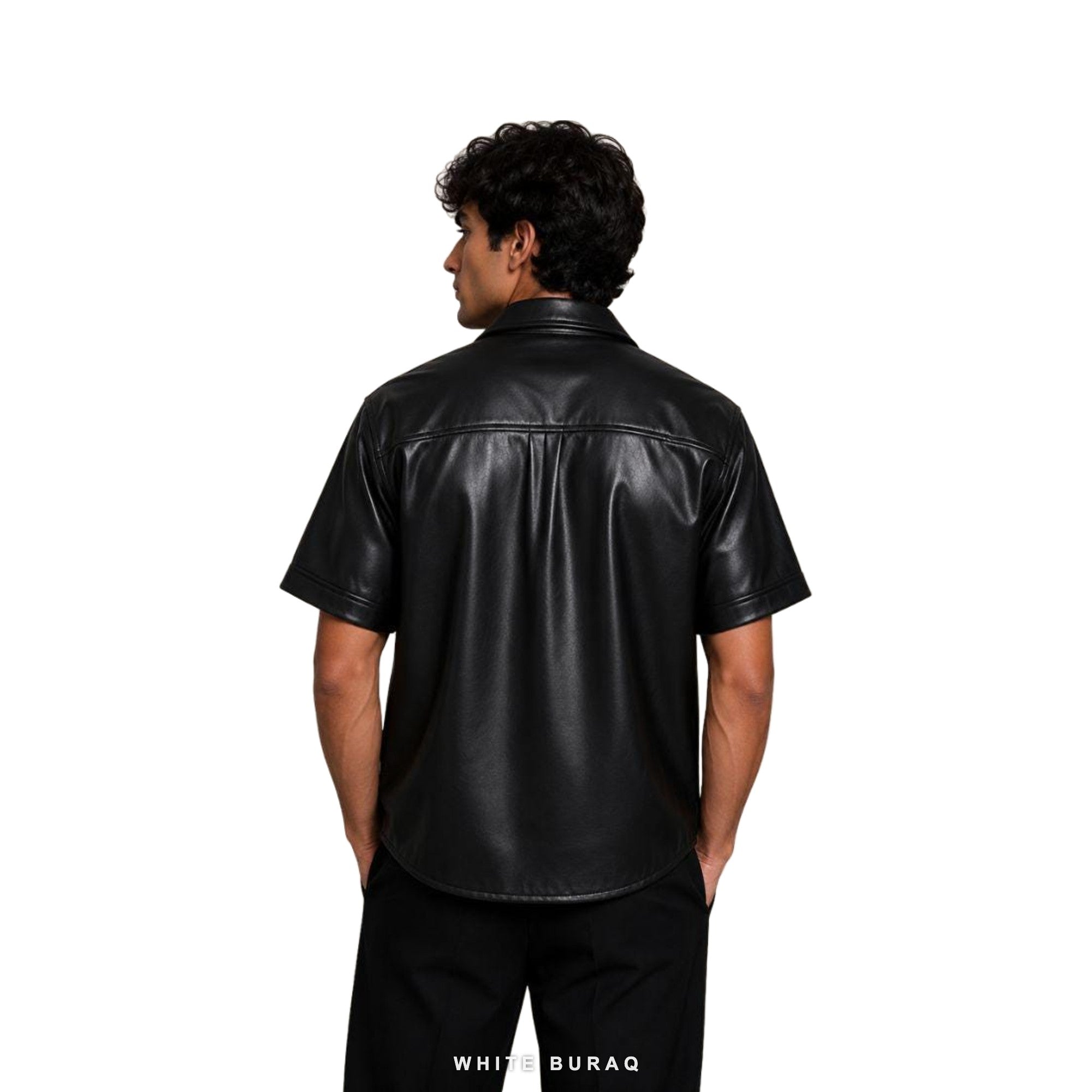 Men's Black Leather Short-Sleeve Shirt Jacket – view 3