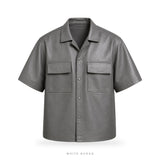 Men's Gray Leather Short-Sleeve Overshirt