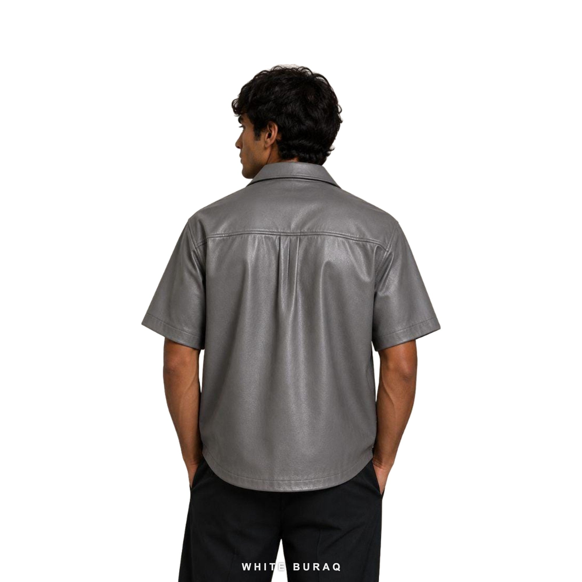 Men's Gray Leather Short-Sleeve Overshirt – view 3