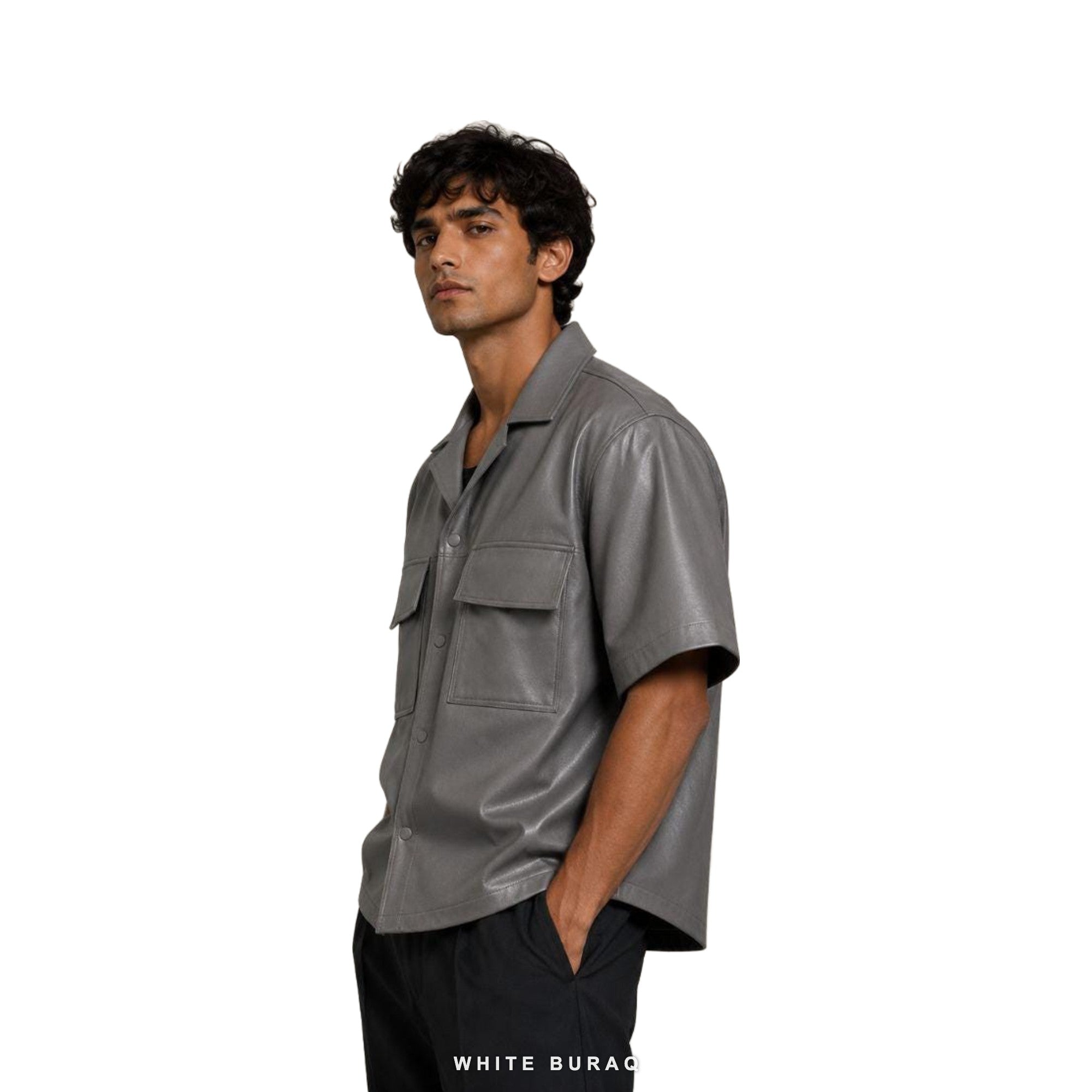 Men's Gray Leather Short-Sleeve Overshirt – view 4