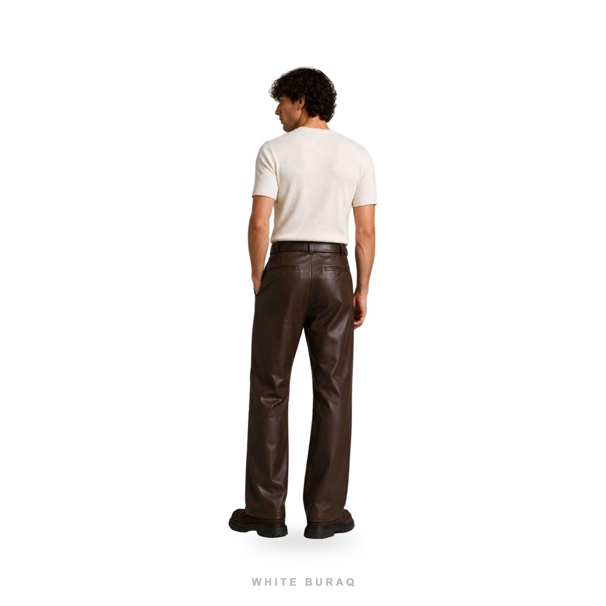 Men's Espresso Brown Leather Straight-Leg Trousers – view 2