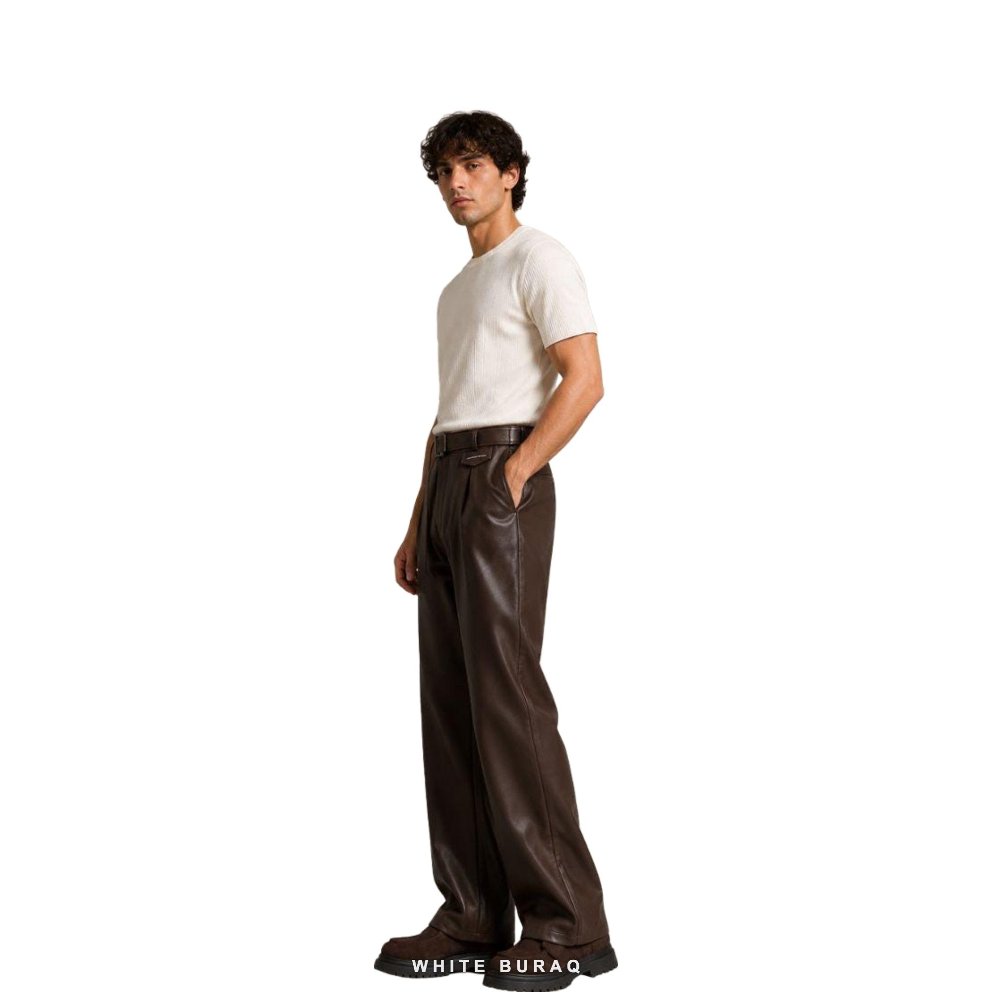Men's Espresso Brown Leather Straight-Leg Trousers – view 3