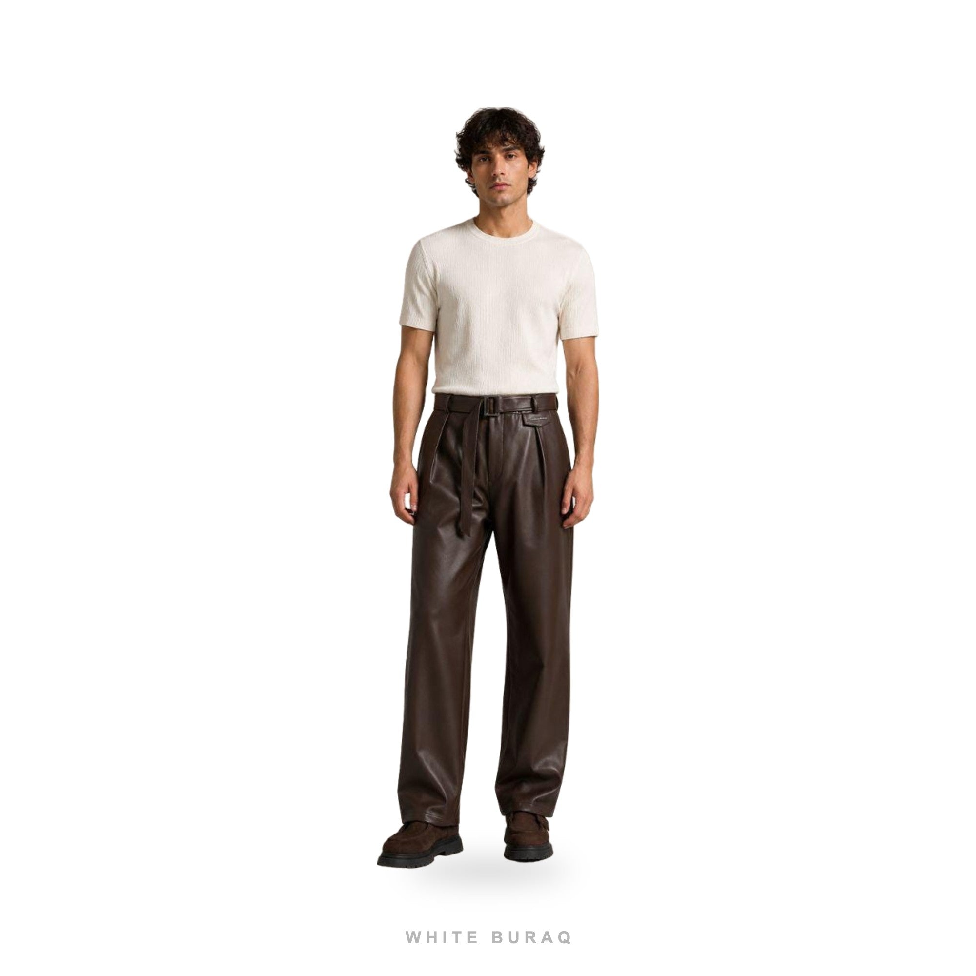 Men's Espresso Brown Leather Straight-Leg Trousers – view 4