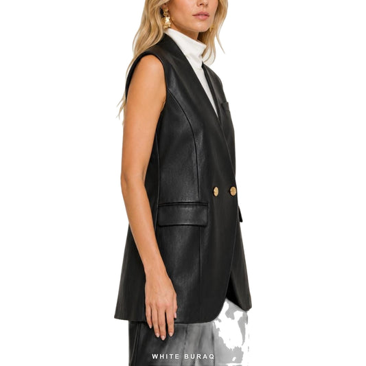 Women's Black Leather Double-Breasted Longline Vest – view 2