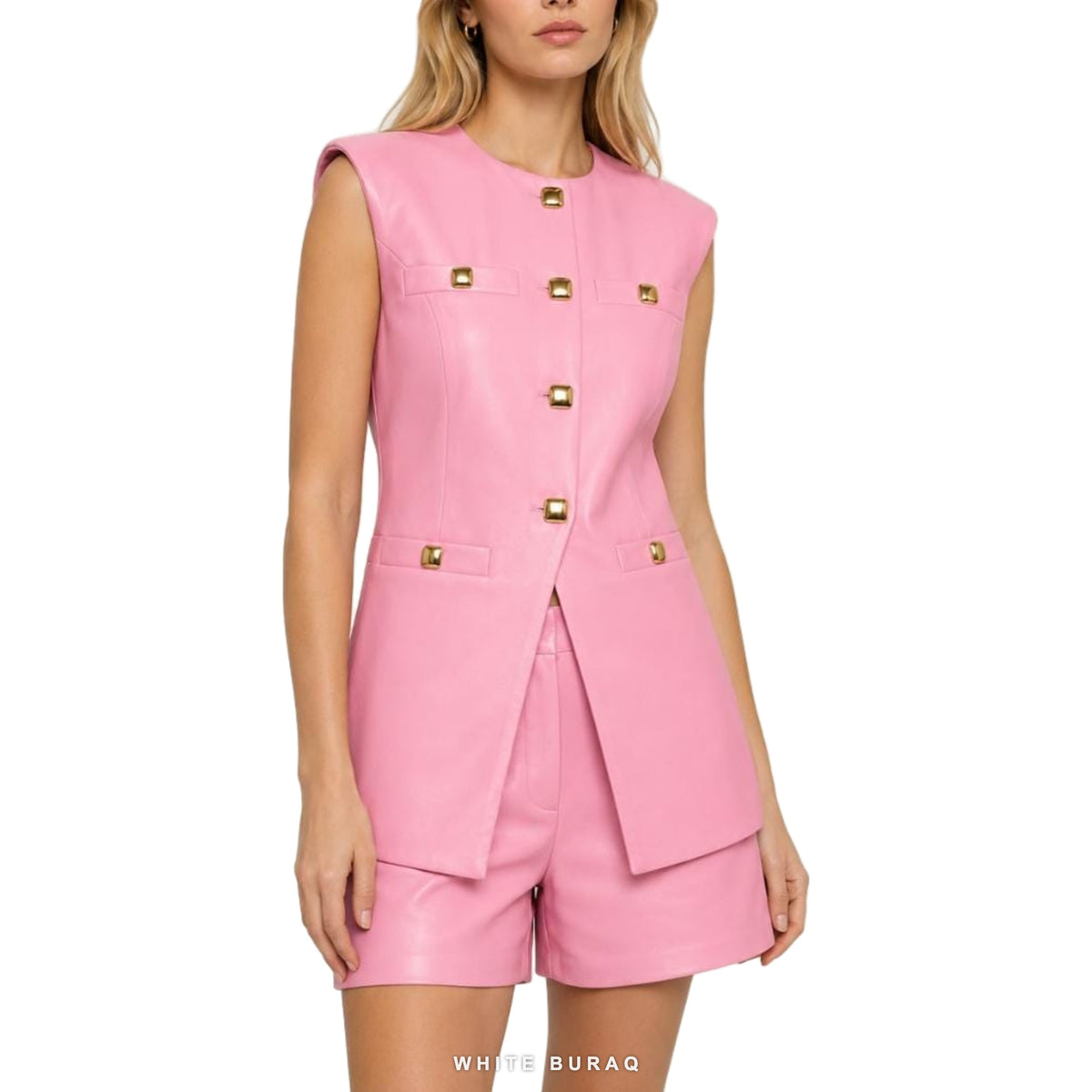 Women's Pink Leather Longline Vest with Gold Buttons