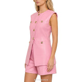Women's Pink Leather Longline Vest with Gold Buttons – view 2