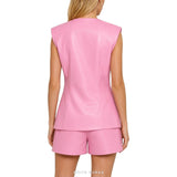 Women's Pink Leather Longline Vest with Gold Buttons – view 3