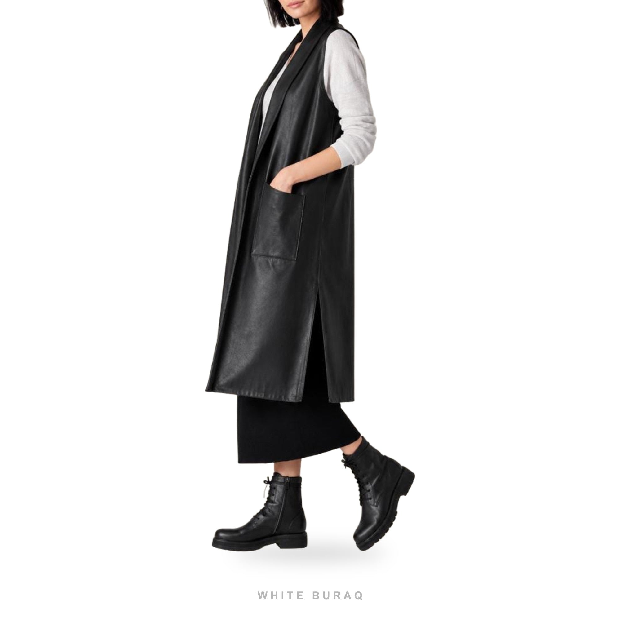 Women's Long Black Sheepskin Open-Front Vest – view 3