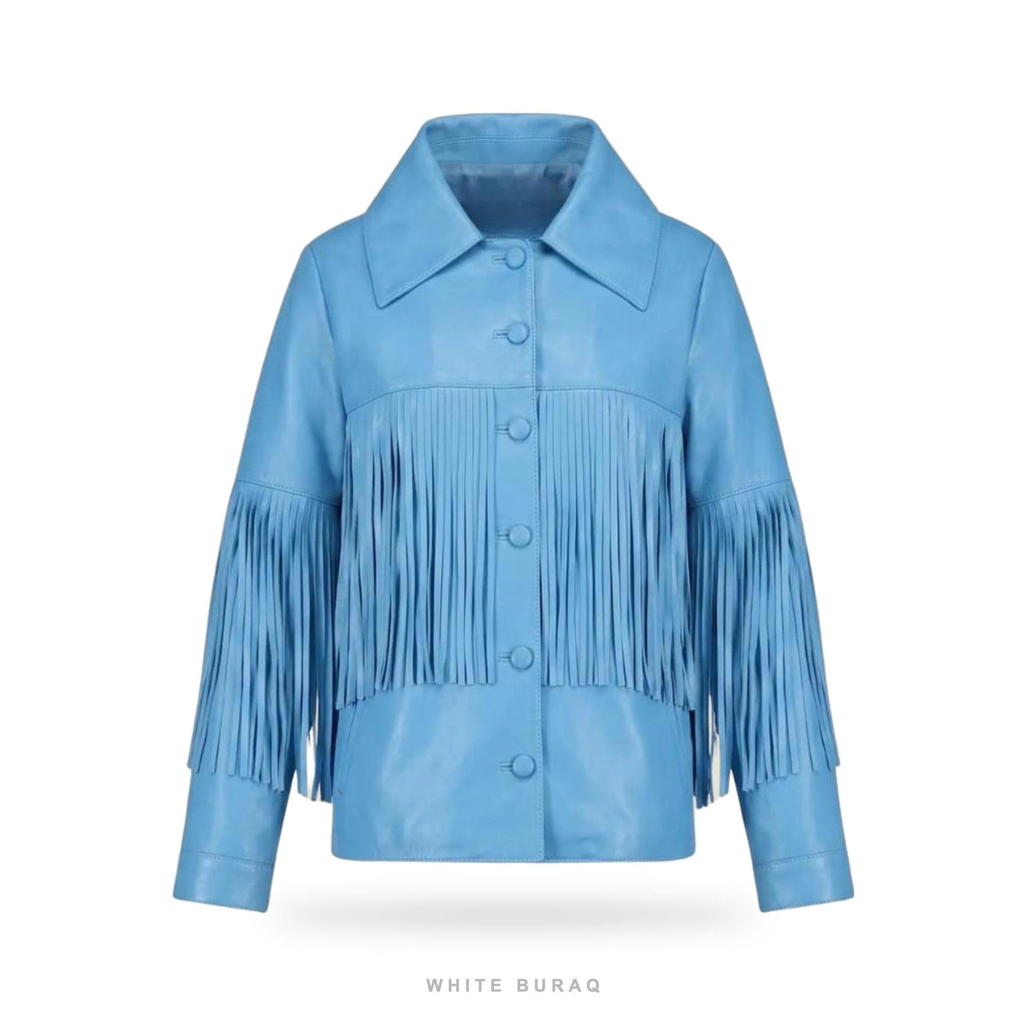 Women's Sky Blue Leather Western Fringe Jacket – view 2