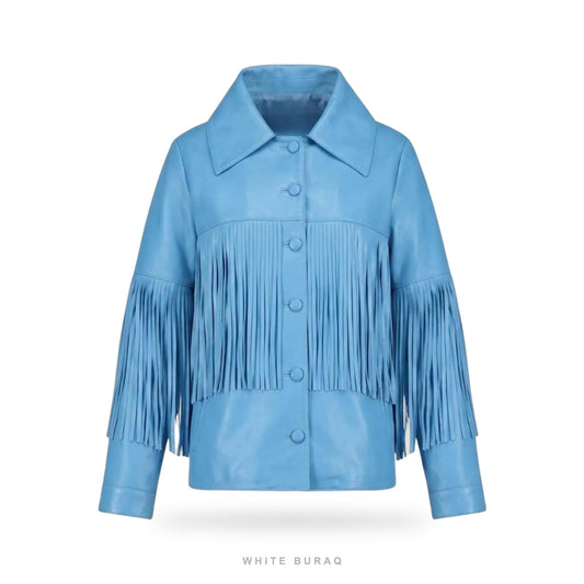 Women's Sky Blue Leather Western Fringe Jacket – view 2
