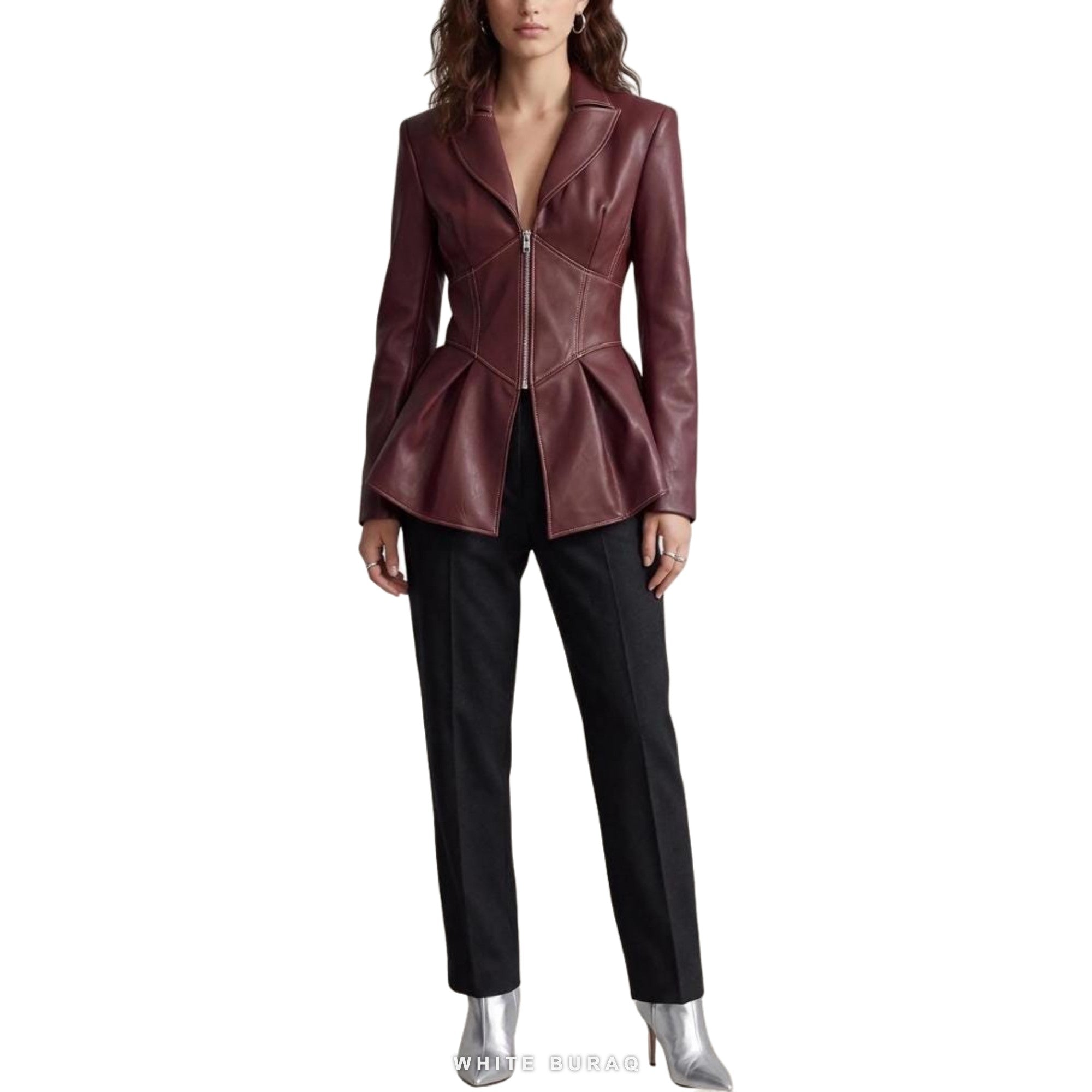 Women's Burgundy Sheepskin Leather Peplum Jacket