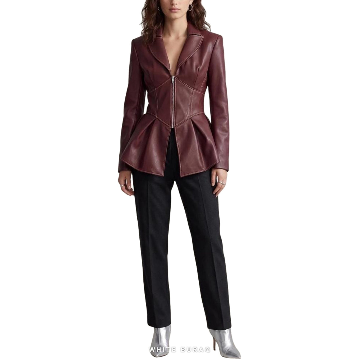 Women's Burgundy Sheepskin Leather Peplum Jacket