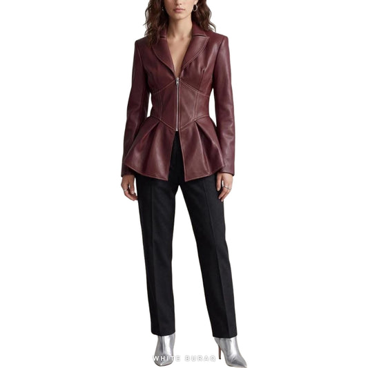 Women's Burgundy Sheepskin Leather Peplum Jacket